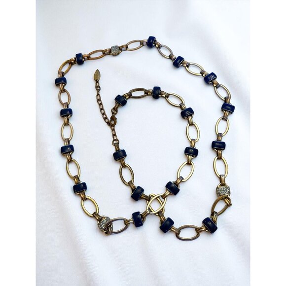 Coldwater Creek Gold-Tone Link Necklace Blue Accents & Rhinestone Details - Picture 4 of 9